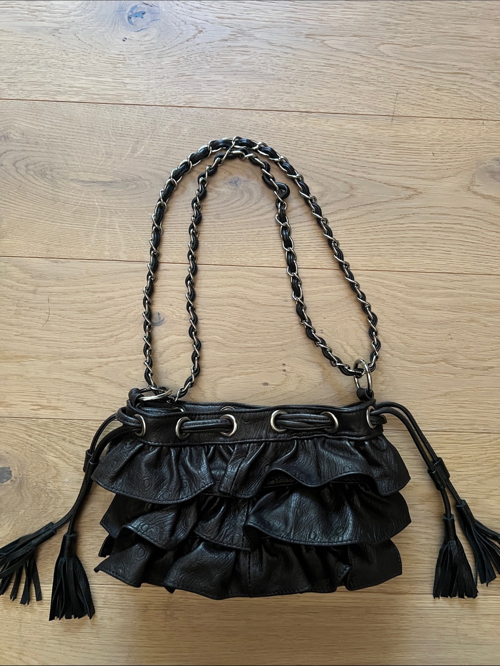 Adrienne Vittadini Black Leather Ruffled Crossbody with Chain Strap